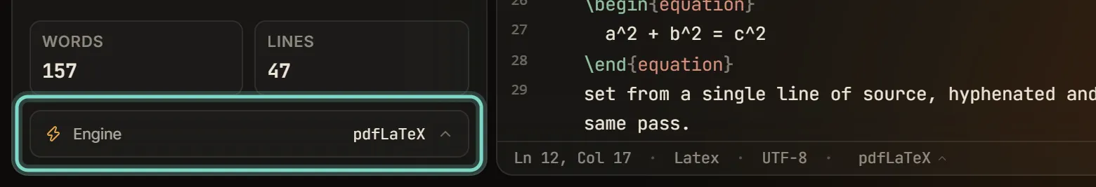 Screenshot of the sidebar Engine pill and the matching status bar engine name, the two controls that open the build menu.