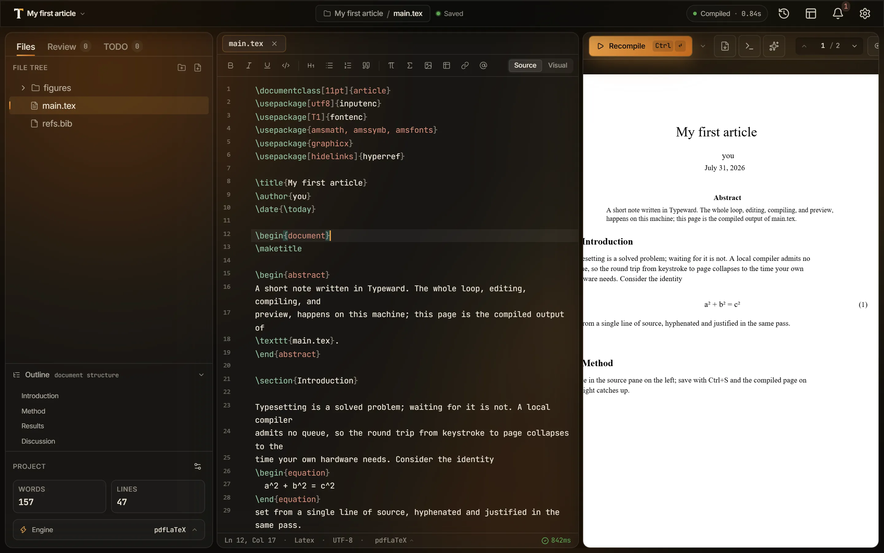 Screenshot of the Typeward editor with a project open, showing every region this page names.