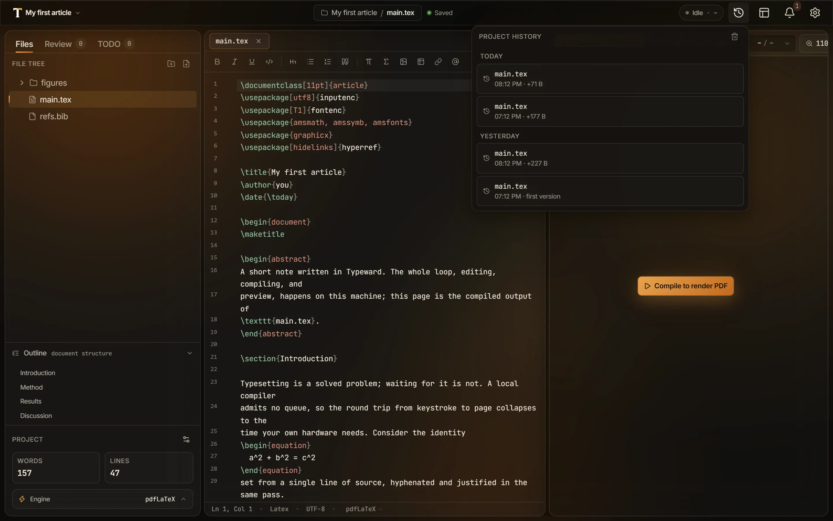 Screenshot of the Project history panel, listing the recorded versions you can pick from.