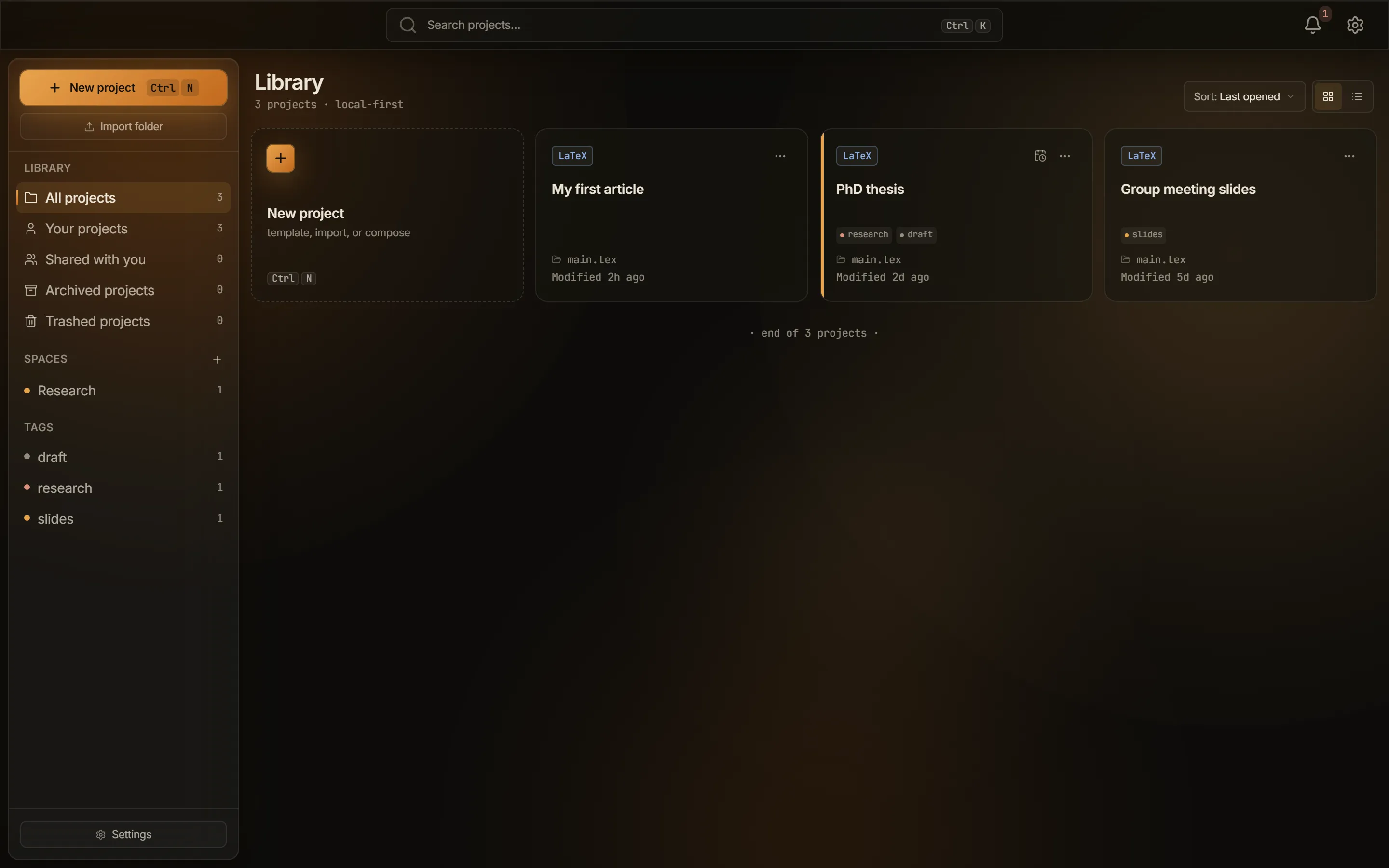 Screenshot of the projects library listing projects as cards, with the filter sidebar beside them.