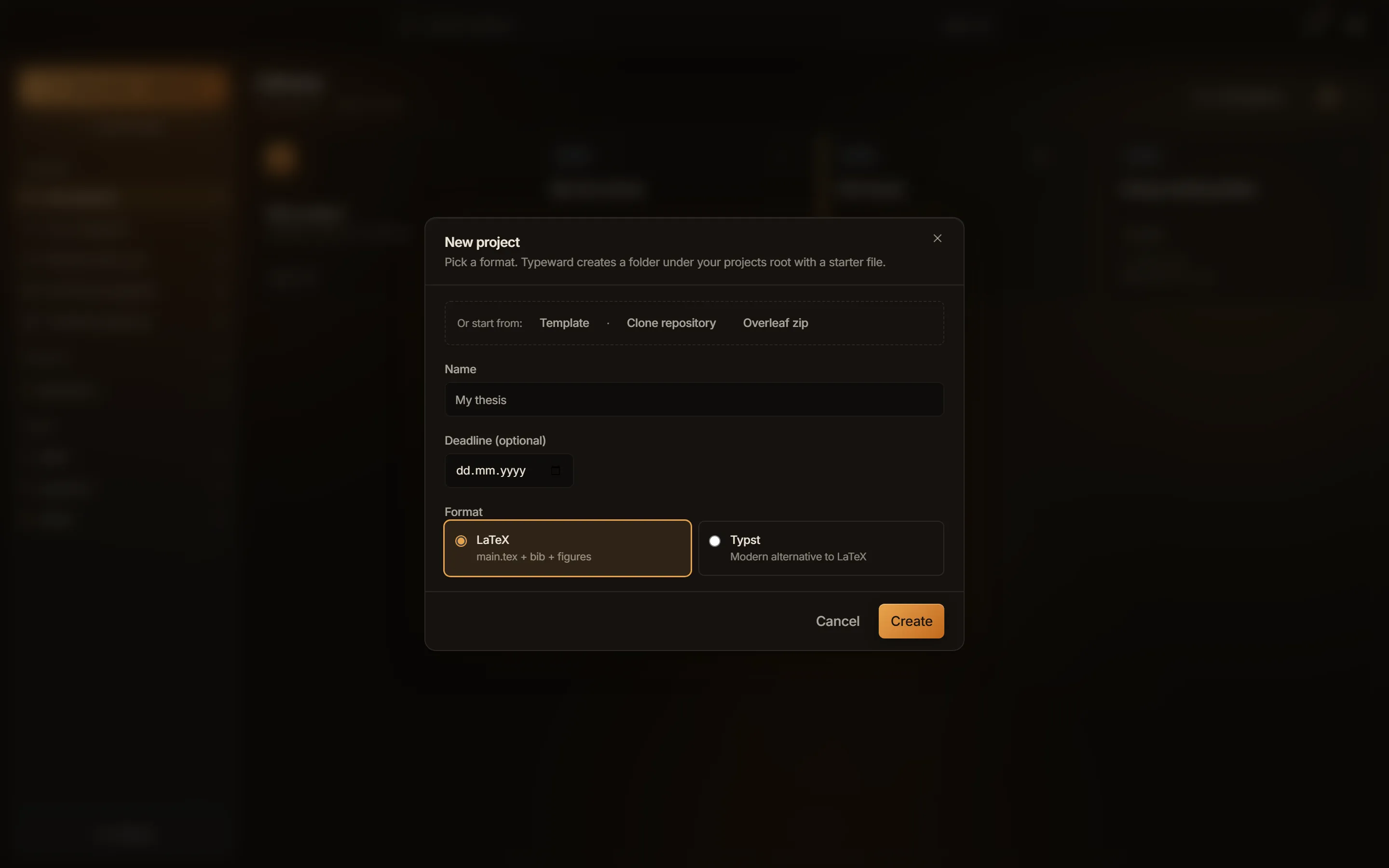 Screenshot of the New project dialog, where you name the project and pick the LaTeX format.