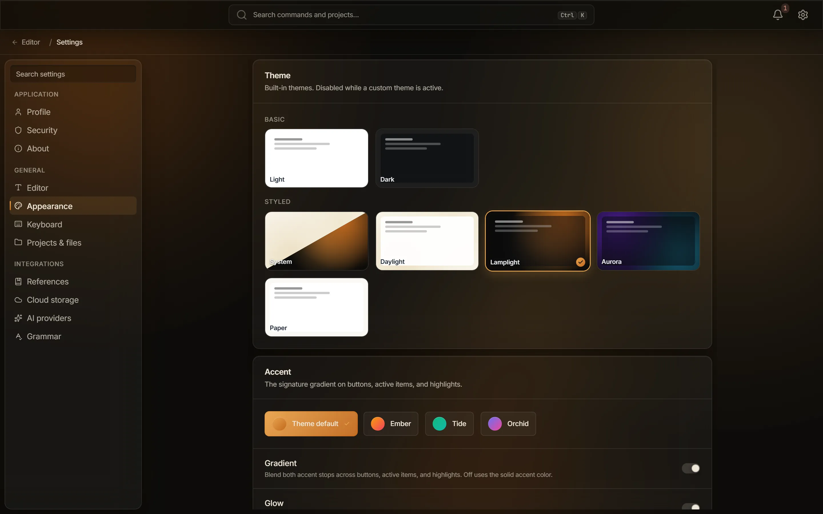 Screenshot of the Appearance section of Settings, where the theme, accent, density, and custom-theme controls live.