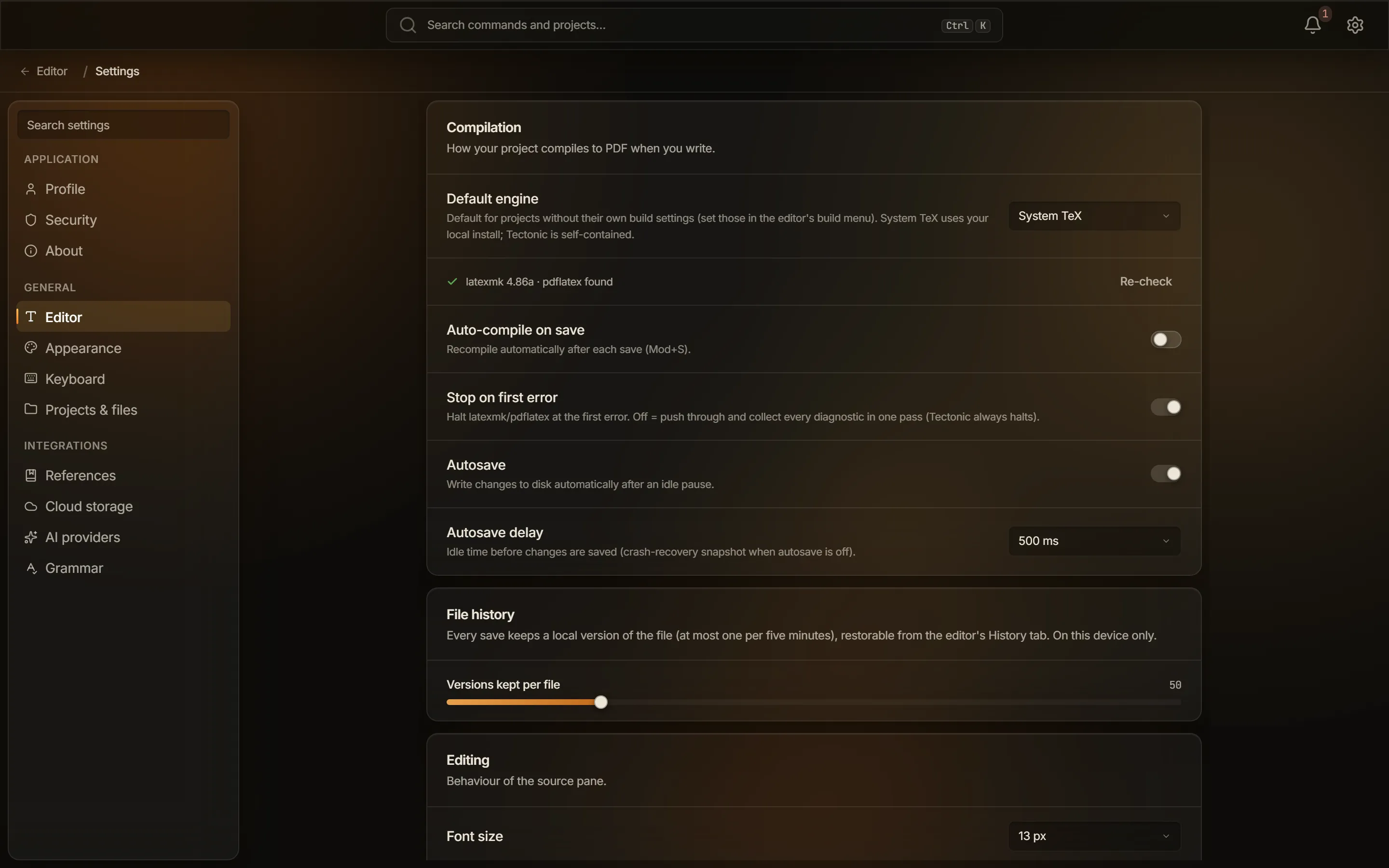 Screenshot of the Compilation card in Settings, where the engine, auto-compile, and autosave behavior are set.