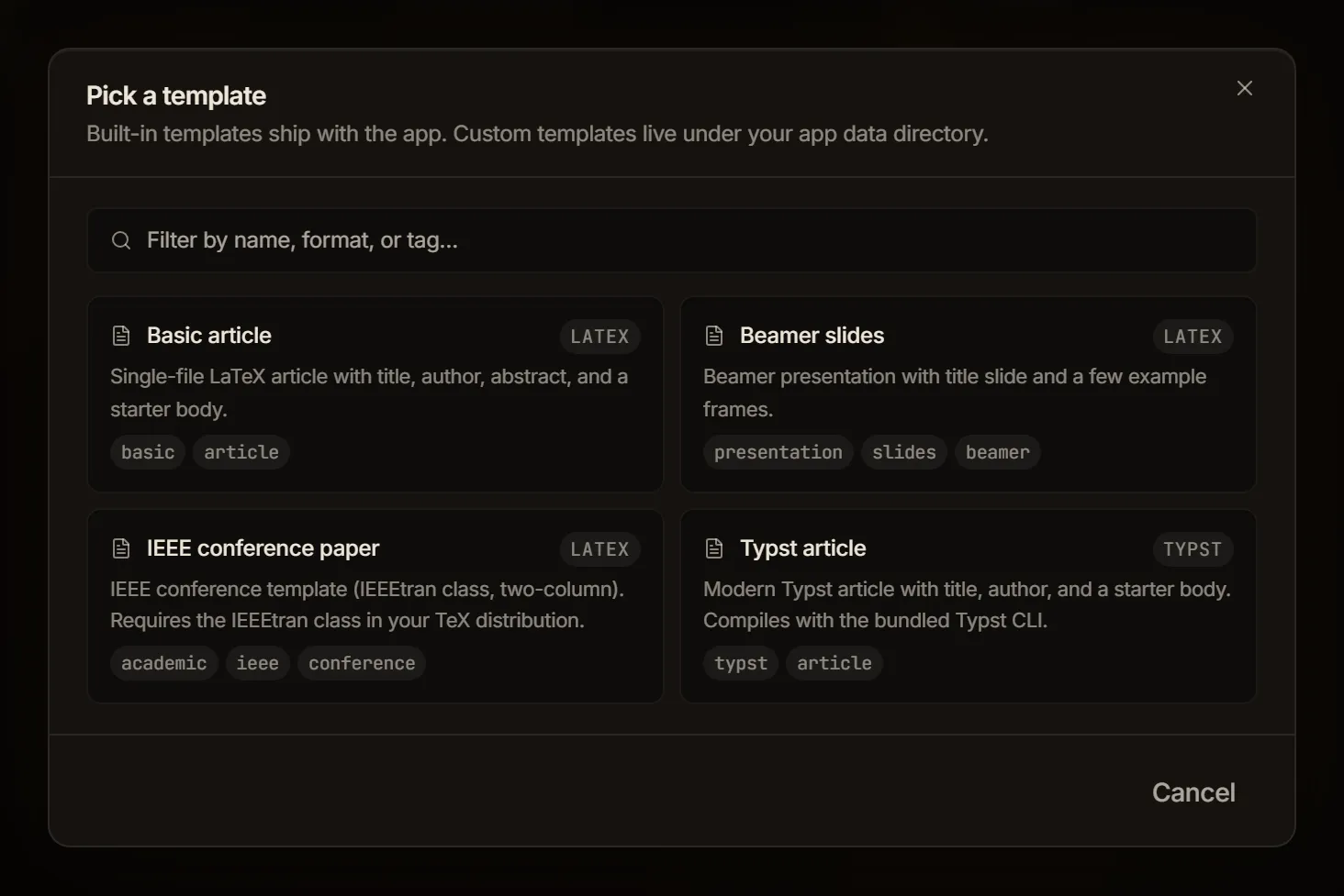 Screenshot of the Pick a template dialog, where you choose which template a new project starts from.